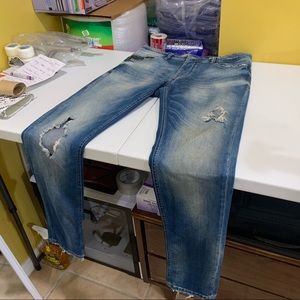 Zara Custom Distressed Slim Skinny Jean 32 x 32 Mid Deep Blue Wash